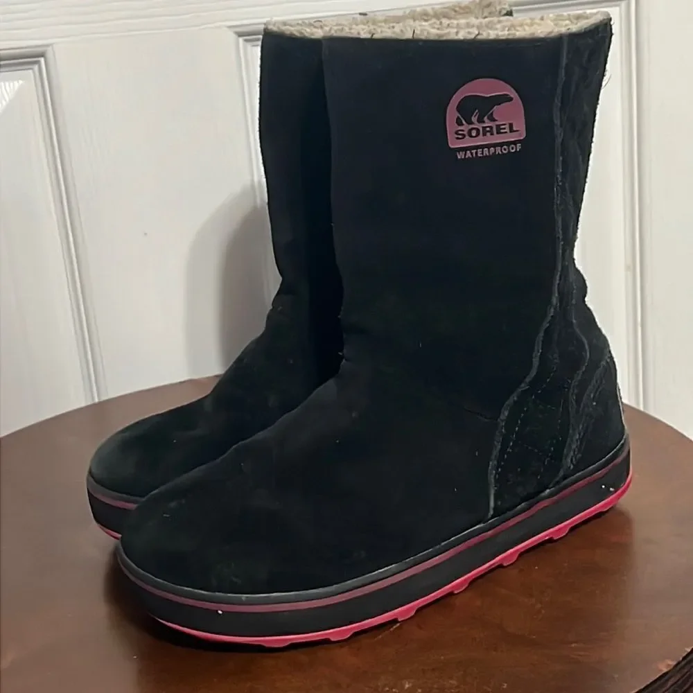 🔥🔥 SOREL Glacy Black & Pink SherpaLined Waterproof Suede Boots - Women Sz 5‎